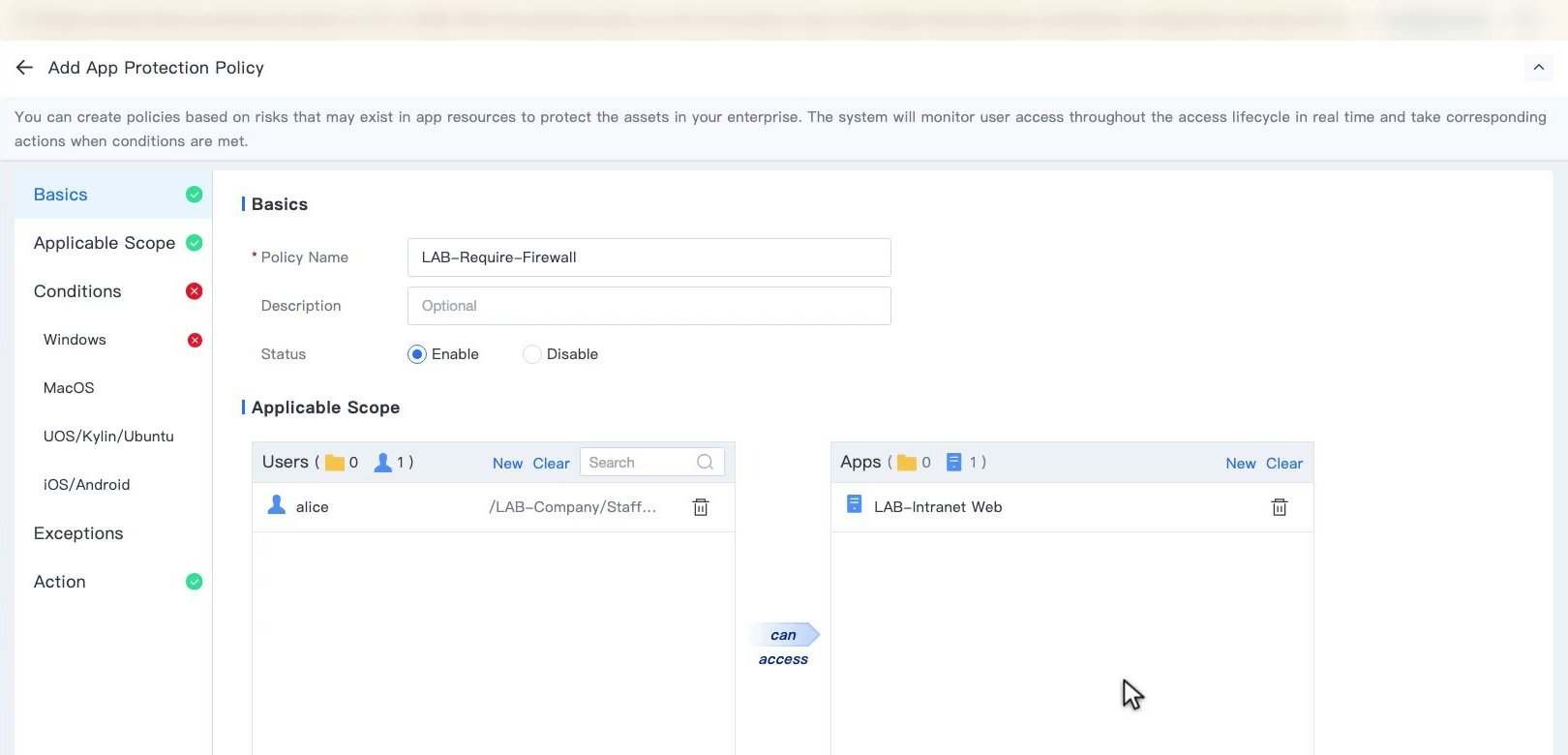 ฟอร์ม Add App Protection Policy ส่วน Applicable Scope ผู้ใช้ทางซ้าย can access App ทางขวา