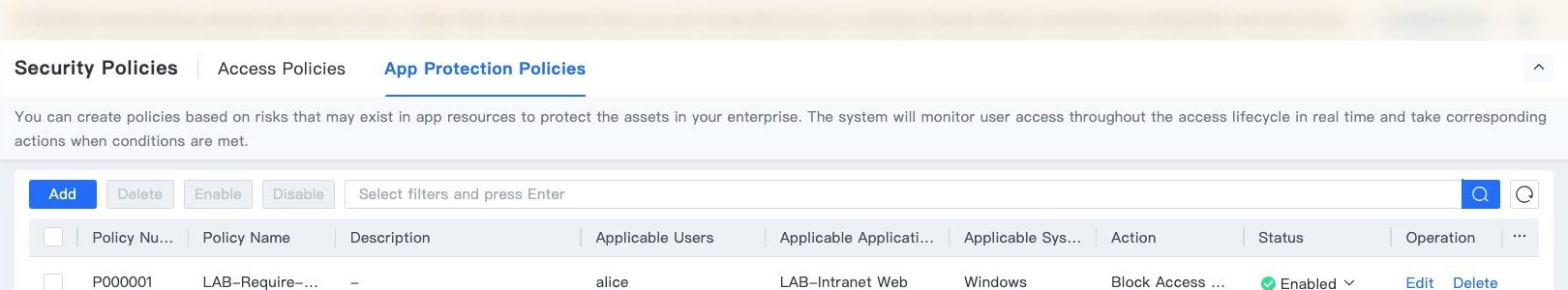 รายการ App Protection Policies แสดง Policy P000001 Applicable Applications และ Action Block Access Only