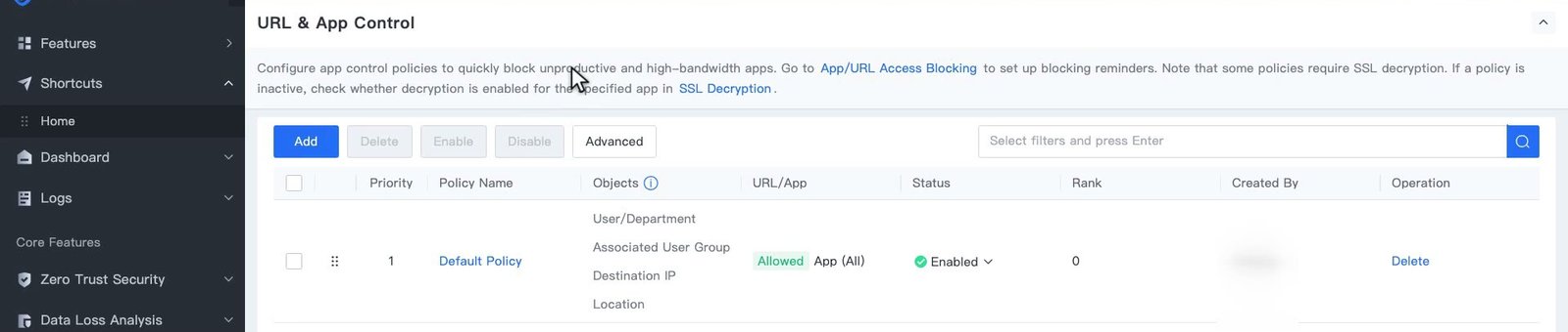 หน้า URL & App Control แสดงข้อความแนะนำพร้อมลิงก์ App/URL Access Blocking และ SSL Decryption ปุ่ม Add และ Advanced และแถว Default Policy