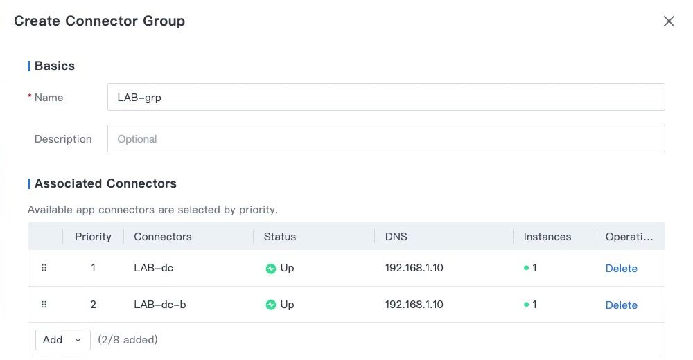 หน้าต่าง Create Connector Group มี Connector สองตัว Priority 1 และ 2 สถานะ Up และตัวนับ 2/8 added