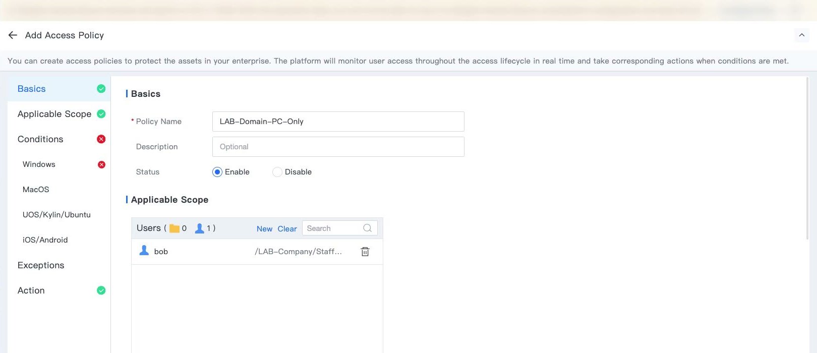 ฟอร์ม Add Access Policy ส่วน Basics และ Applicable Scope ที่เลือกผู้ใช้ทดสอบหนึ่งคน