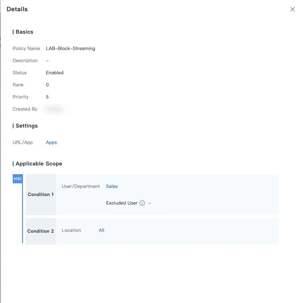 หน้าต่าง Details ของ Policy ที่เปิดจากลิงก์ Policy Hit แสดง Policy Name, Status, Rank, Priority, Settings และ Applicable Scope