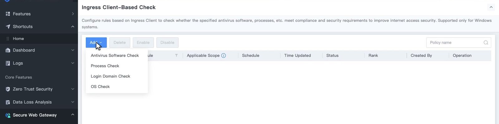 หน้า Ingress Client-Based Check ชี้ที่ปุ่ม Add แสดงเมนู Antivirus Software Check, Process Check, Login Domain Check และ OS Check