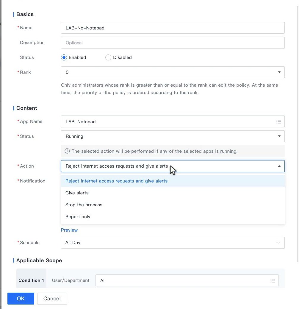 ฟอร์ม Add ของ Process Check แสดง App Name, Status Running และรายการ Action ได้แก่ Reject internet access requests and give alerts, Give alerts, Stop the process และ Report only