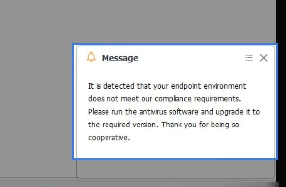 หน้าต่าง Message ของ Omnipoint Secure Client ที่มุมขวาล่างของ Windows แจ้งว่าเครื่องไม่ตรงตามข้อกำหนดด้าน Compliance และให้เปิดและอัปเกรด Antivirus