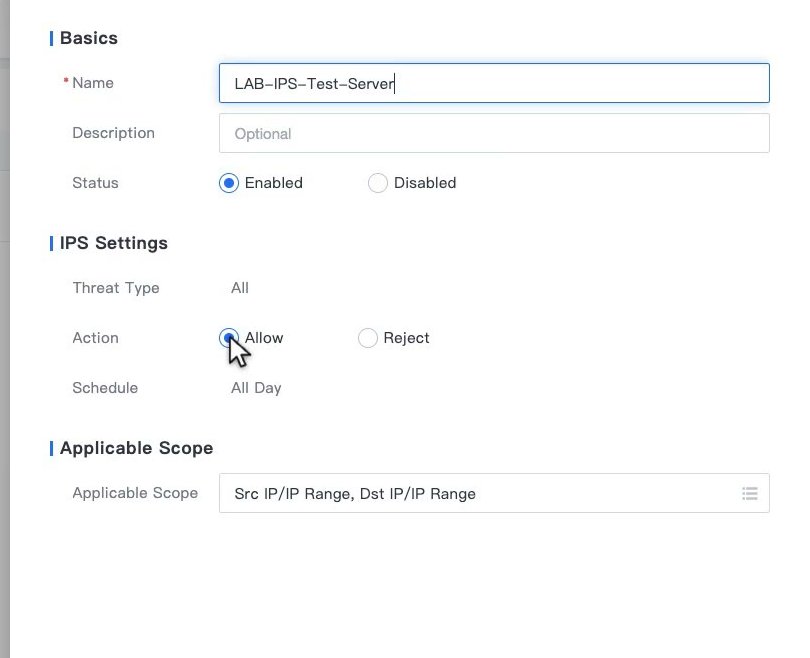 ฟอร์ม Add ของ IPS แสดง Threat Type All, Action Allow หรือ Reject, Schedule All Day และ Applicable Scope