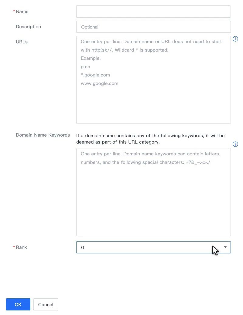 ฟอร์ม Add ของ URL Categories แสดงช่อง Name, Description, URLs, Domain Name Keywords และ Rank