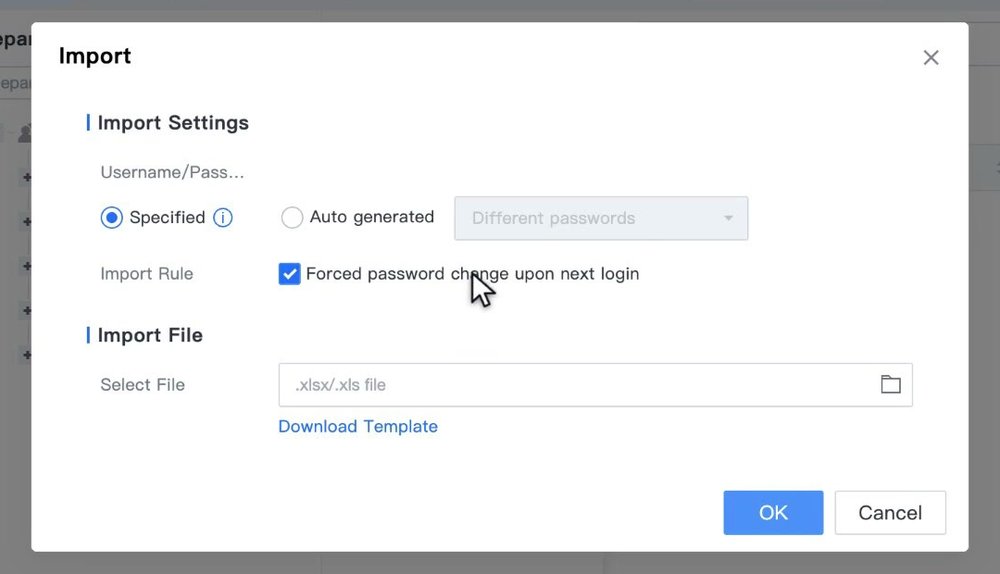 หน้าต่าง Import เลือก Specified หรือ Auto generated และติ๊ก Forced password change upon next login