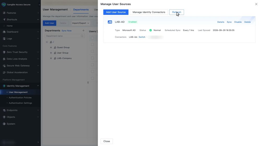 การ์ด User Source แบบ Microsoft AD ใน Manage User Sources แสดง Status Normal และเวลา Last Synced