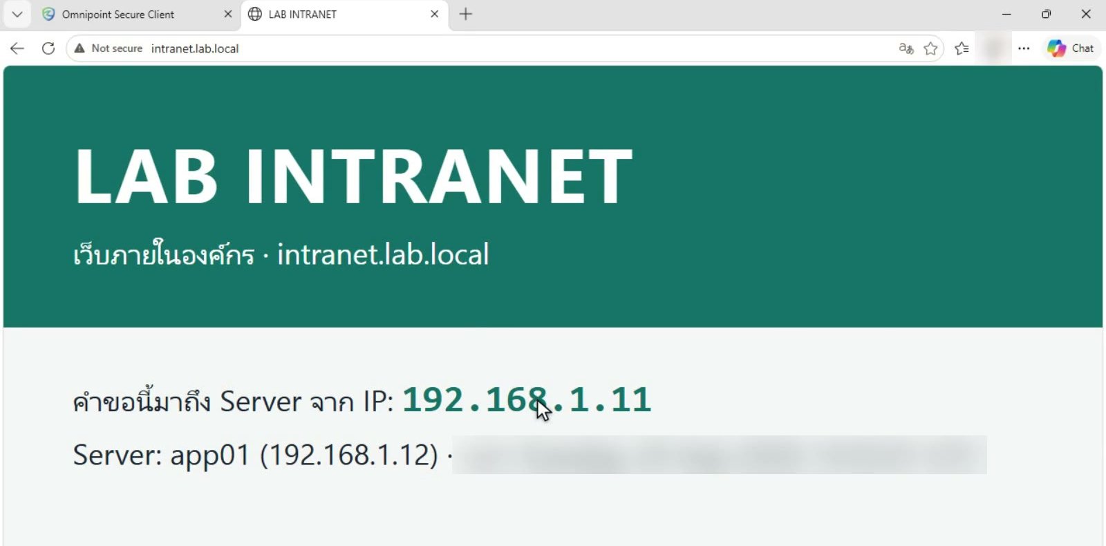 Browser เปิดเว็บภายในด้วยชื่อโดเมนได้ หน้าเว็บแสดงว่าคำขอมาจาก IP ของ Connector