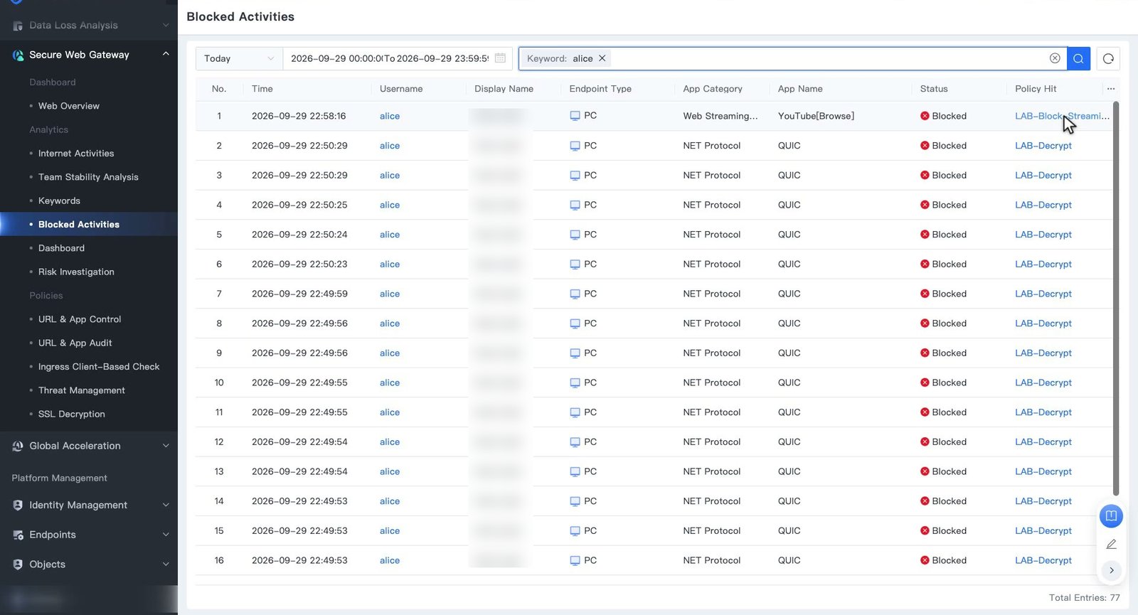 หน้า Blocked Activities กรองด้วย Keyword แสดงรายการที่ถูกบล็อกพร้อมคอลัมน์ App Category, App Name, Status และ Policy Hit
