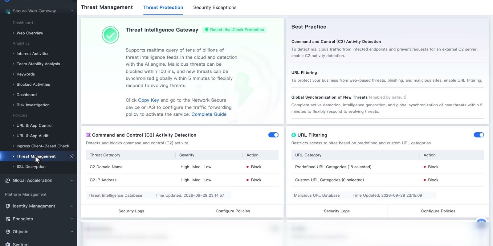 หน้า Threat Protection แสดงการ์ด Threat Intelligence Gateway ส่วน Best Practice และการ์ด C2 Activity Detection กับ URL Filtering พร้อมสวิตช์