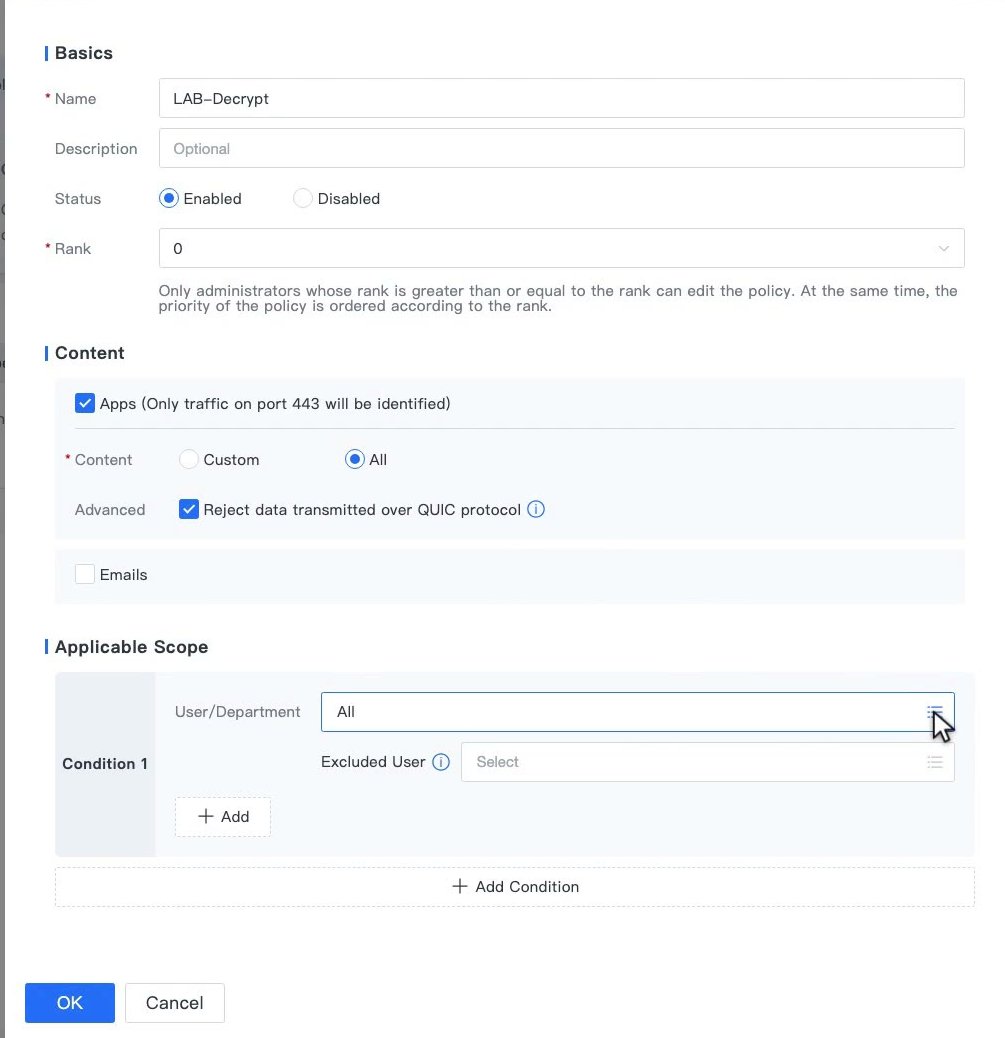 ฟอร์ม Add เลือก Content เป็น All ติ๊ก Reject data transmitted over QUIC protocol และส่วน Applicable Scope ที่มี User/Department, Excluded User และ Add Condition