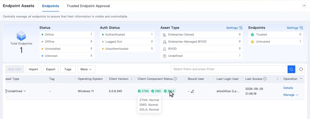 คอลัมน์ Client Component Status แสดง ZTNA SWG และ XDLA สถานะ Normal