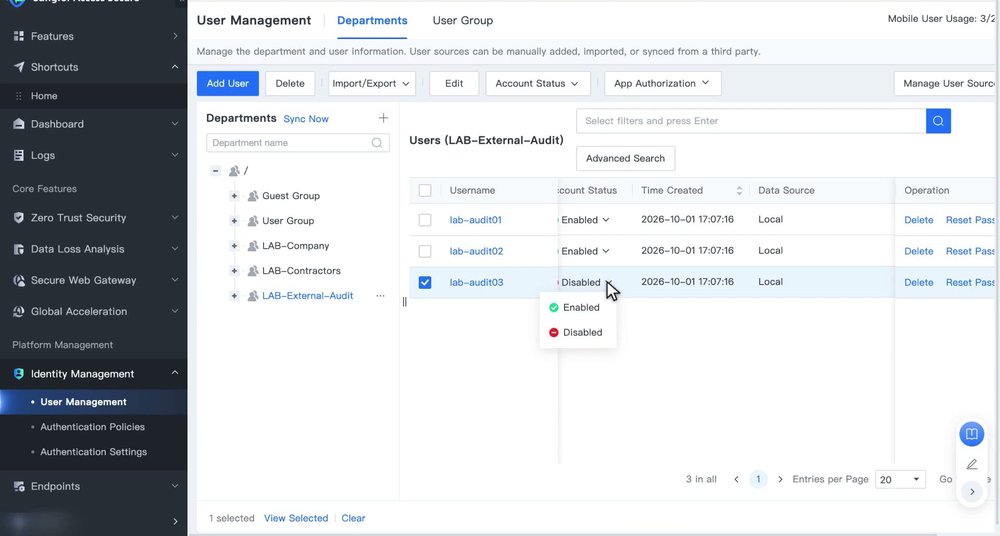 รายชื่อผู้ใช้ที่ Import แล้ว พร้อมเมนู Account Status ของผู้ใช้