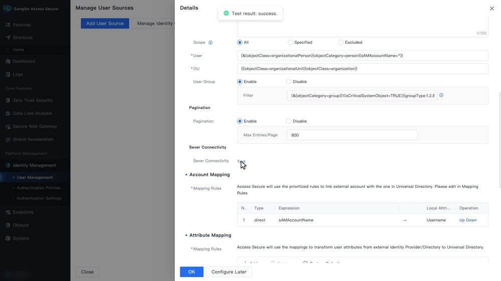 ส่วน Search Settings เปิด User Group เป็น Enable และผลการ Test ขึ้นว่า Test result: success