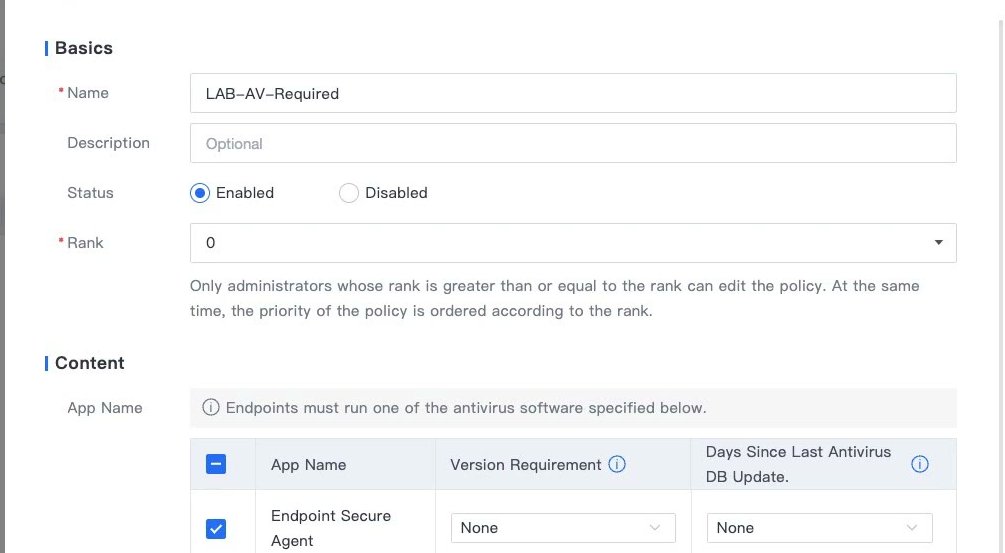 ฟอร์ม Add ของ Antivirus Software Check แสดง Basics และตาราง Content ที่ติ๊ก Endpoint Secure Agent พร้อมช่อง Version Requirement และ Days Since Last Antivirus DB Update
