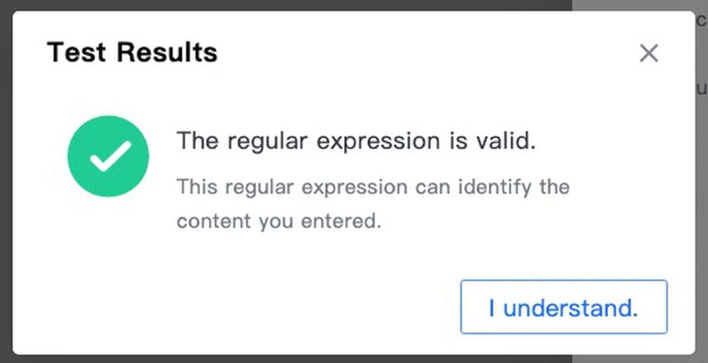 หน้าต่าง Test Results แจ้งว่า Regular Expression ถูกต้อง
