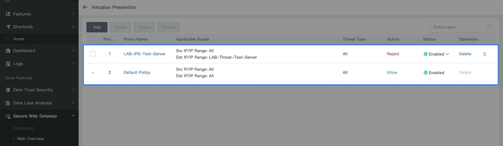หน้า Intrusion Prevention หลังเพิ่ม Policy ใหม่ที่ Action เป็น Reject อยู่ลำดับที่ 1 เหนือ Default Policy ที่ Action เป็น Allow