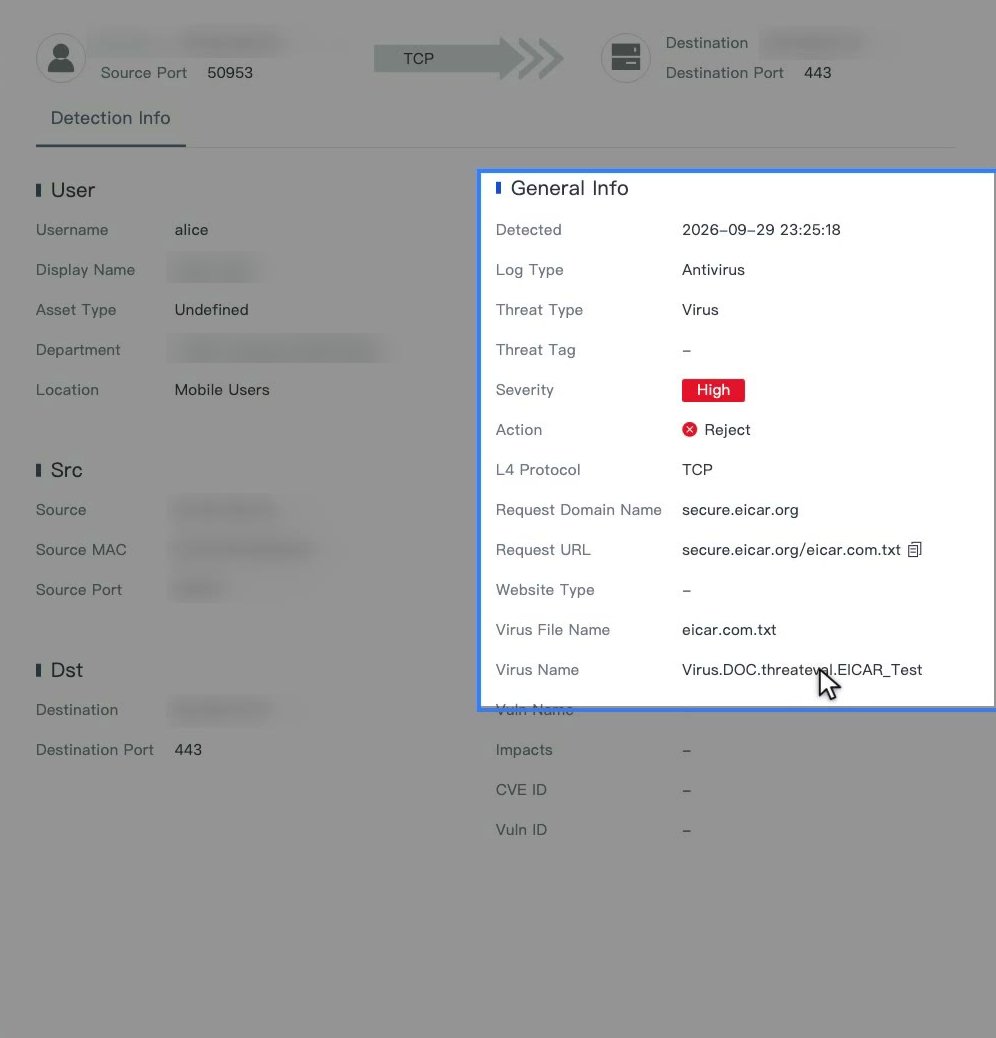 Details ของ Security Logs สำหรับ Antivirus แสดง Log Type Antivirus, Threat Type Virus, Severity High, Action Reject, Virus File Name และ Virus Name