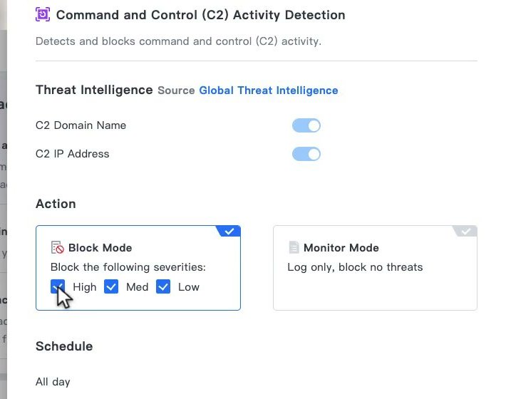 หน้าต่าง Configure Policies ของ C2 Activity Detection แสดงสวิตช์ C2 Domain Name และ C2 IP Address, Tile Block Mode พร้อมระดับ High Med Low และ Monitor Mode