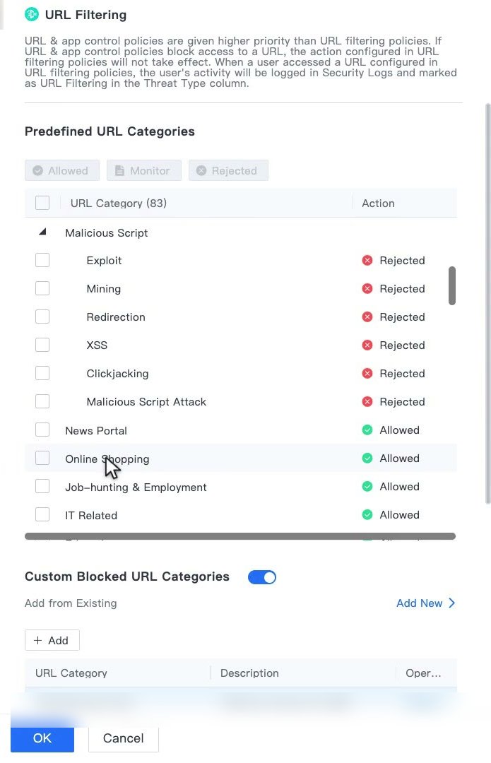หน้าต่าง URL Filtering แสดงหมวด Predefined ที่เป็น Rejected และ Allowed และส่วน Custom Blocked URL Categories ที่เปิดสวิตช์แล้วพร้อมปุ่ม Add และ Add New