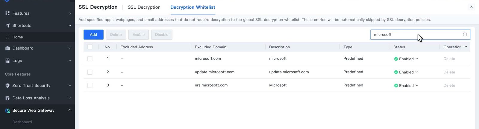 แท็บ Decryption Whitelist ค้นหาคำว่า microsoft พบ 3 รายการแบบ Predefined สถานะ Enabled