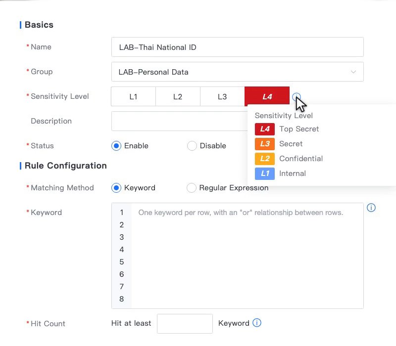 ฟอร์ม Add ของ DLA Dictionary แสดงคำอธิบาย Sensitivity Level L4 ถึง L1 และ Matching Method แบบ Keyword