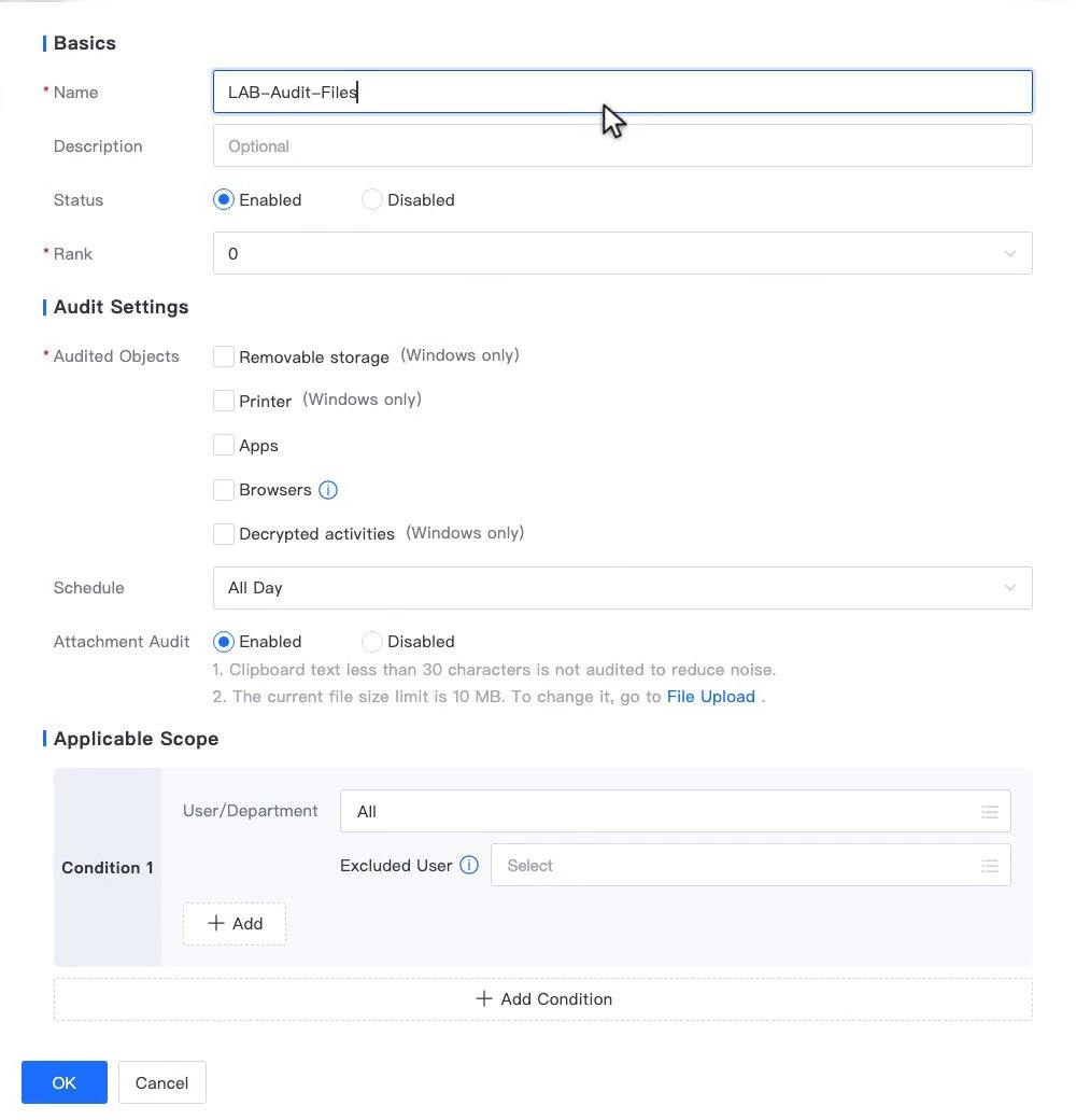 ฟอร์ม Add ของ Audit Policies แสดง Audited Objects Attachment Audit และ Applicable Scope