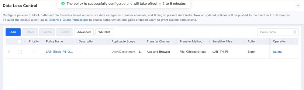 รายการ Data Loss Control หลังบันทึก Policy พร้อมข้อความว่าจะมีผลใน 2 ถึง 5 นาที