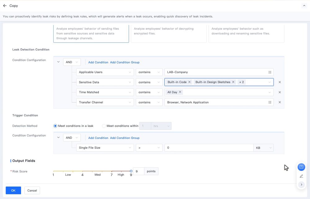 เงื่อนไข Leak Detection Condition, Trigger Condition และ Risk Score ของ Rule ที่ Copy มา