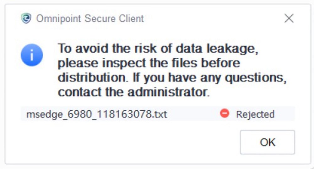 ข้อความแจ้งเตือนจาก Omnipoint Secure Client เมื่อการวางข้อความที่มีเลขบัตรประชาชนเข้าแอป AI ถูก Rejected