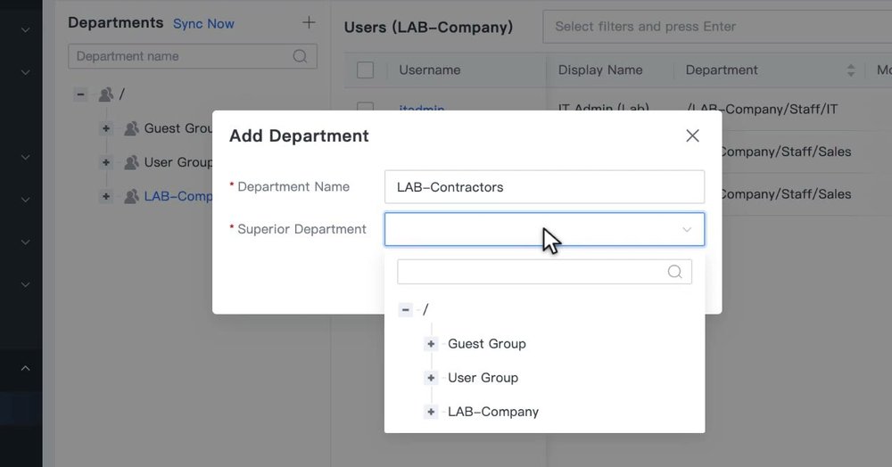 หน้าต่าง Add Department กรอก Department Name และเลือก Superior Department จาก Tree
