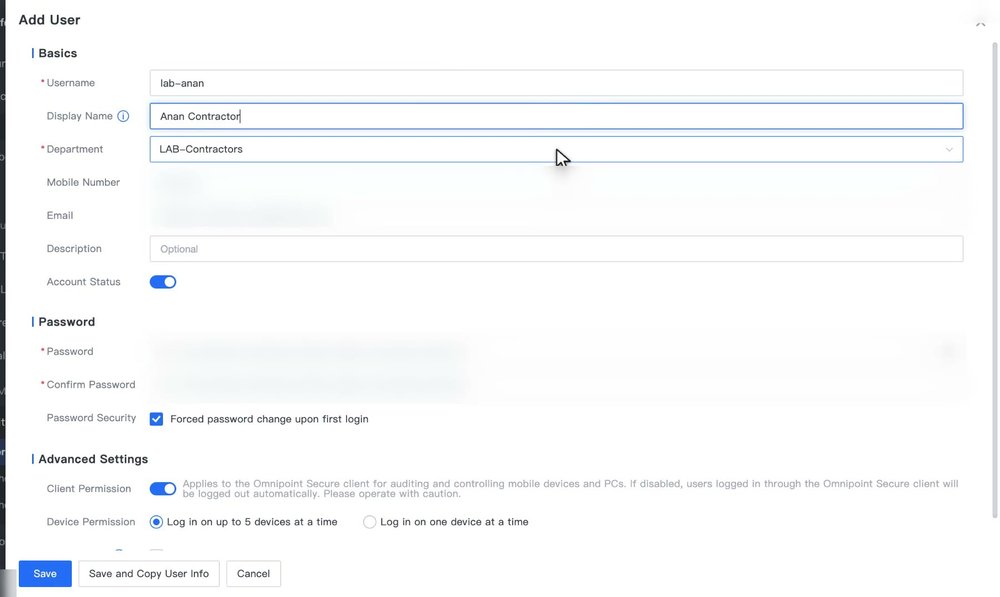 ฟอร์ม Add User ส่วน Basics, Password และ Advanced Settings