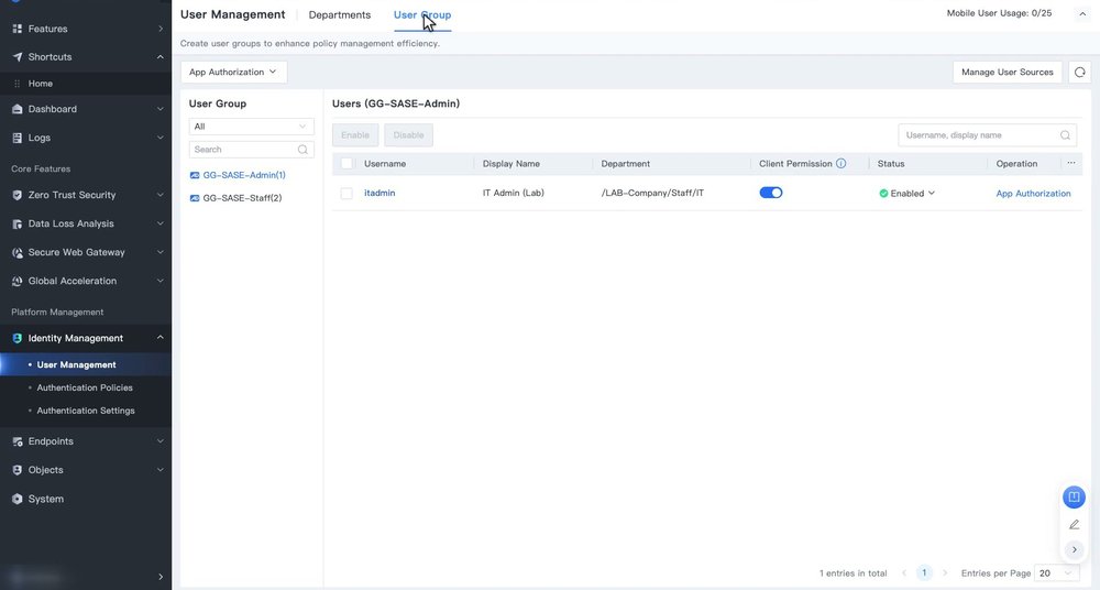 แท็บ User Group แสดง Security Group ที่ Sync มาจาก Microsoft AD และสมาชิกของ Group