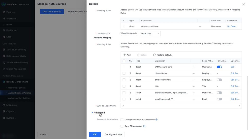 ส่วน Account Mapping, Linking Action, Attribute Mapping, Sync to Department และ Password Permissions
