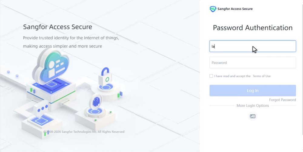 หน้า Password Authentication มีช่อง Username, Password, Terms of Use, Forgot Password และ More Login Options