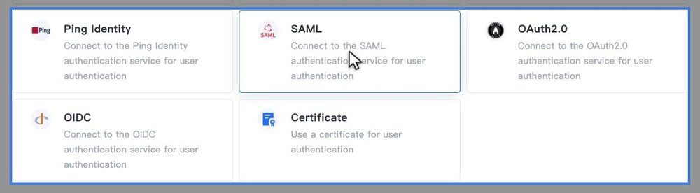 รายการ Add Auth Source แสดง SAML พร้อม OAuth2.0, OIDC และ Certificate