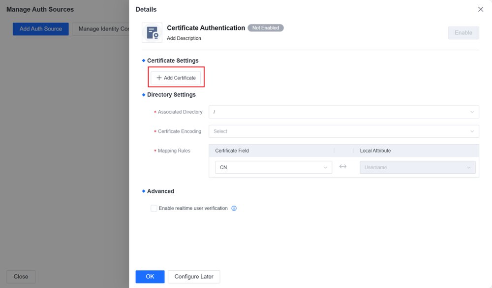 หน้าต่าง Details ของ Auth Source แบบ Certificate มีส่วน Certificate Settings, Directory Settings และ Advanced