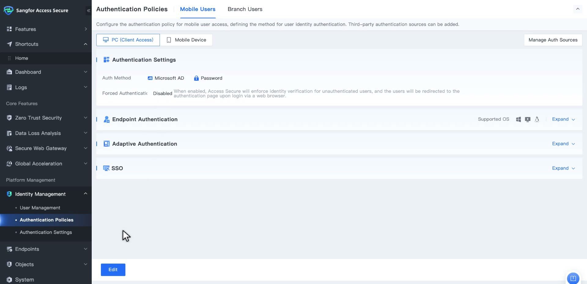 หน้า Authentication Policies แท็บ Mobile Users มุมมอง PC (Client Access) แสดง Auth Method และส่วน Endpoint Authentication, Adaptive Authentication, SSO