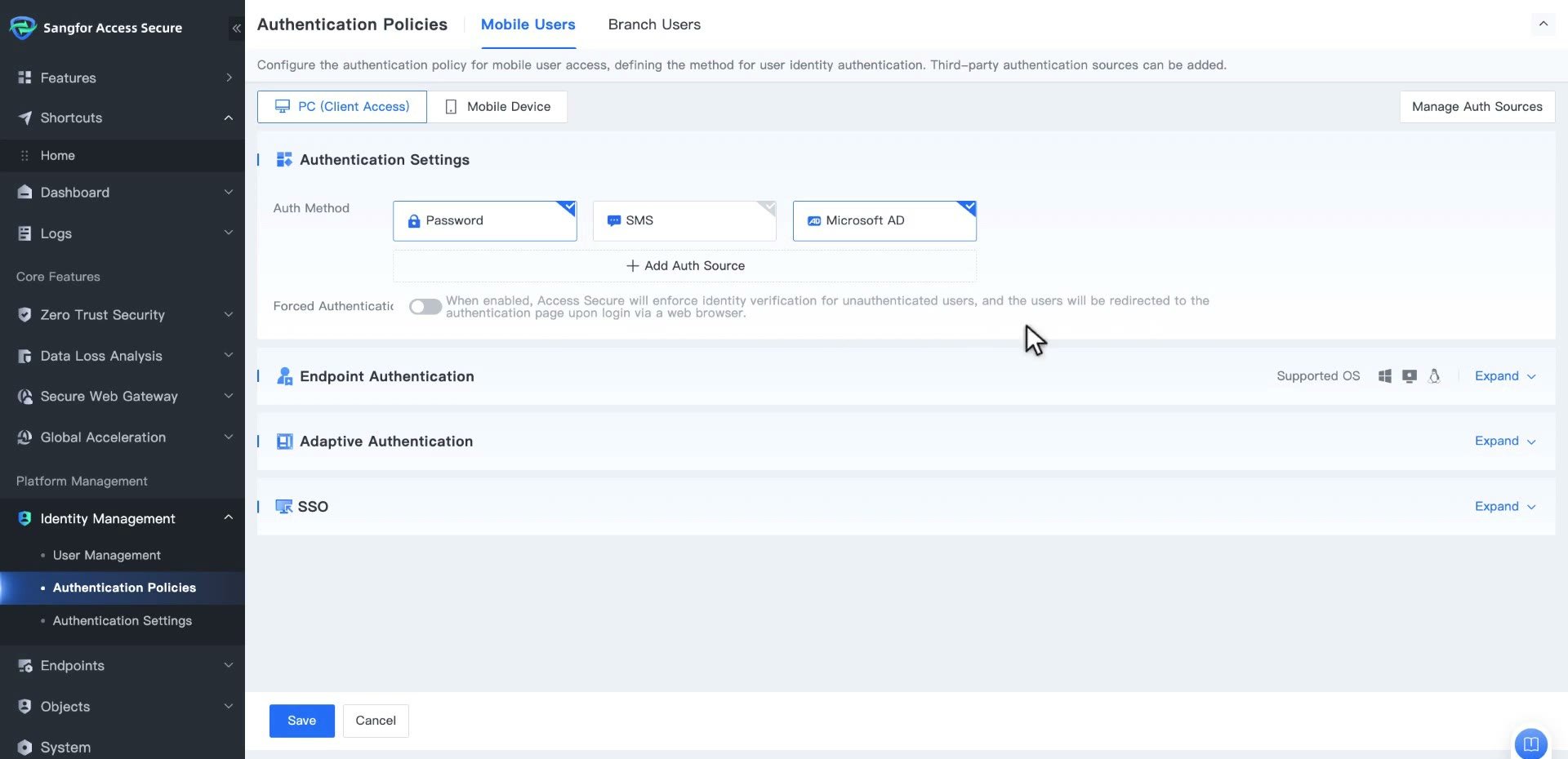 โหมด Edit ของ PC (Client Access) แสดง Tile ของ Auth Method ที่มีเครื่องหมายถูกที่มุม และสวิตช์ Forced Authentication