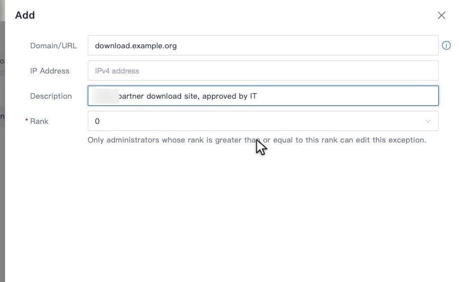 หน้าต่าง Add ของ Security Exceptions แสดงช่อง Domain/URL, IP Address, Description และ Rank พร้อมข้อความอธิบายสิทธิ์การแก้ไข