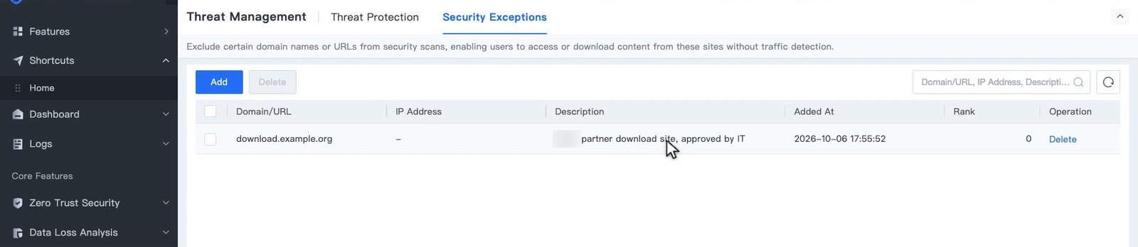 แท็บ Security Exceptions แสดงรายการ download.example.org พร้อม Description, Added At, Rank และปุ่ม Delete