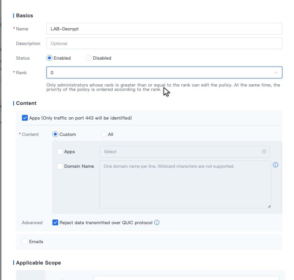ฟอร์ม Add ของ SSL Decryption แสดง Rank พร้อมข้อความอธิบาย และ Content แบบ Custom ที่มีช่อง Apps และ Domain Name