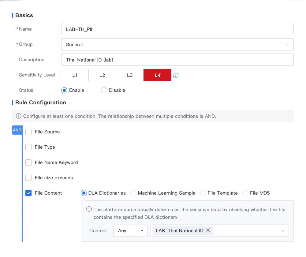 ฟอร์ม Sensitive Data ระดับ L4 ที่ติ๊ก File Content และเลือก DLA Dictionary เลขบัตรประชาชน