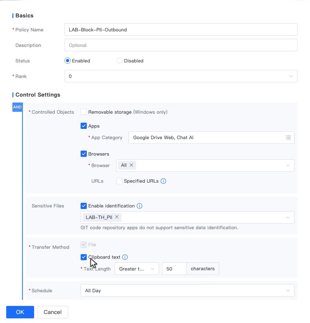 Control Settings ของ Data Loss Control เลือก Apps Google Drive Web และ Chat AI, Browsers All, Enable identification และ Clipboard text