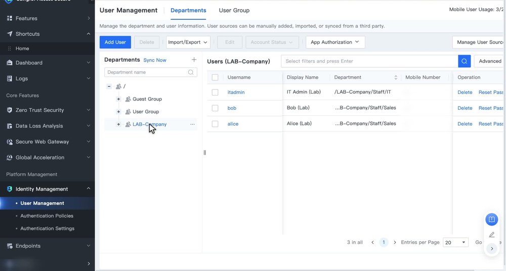 หน้า User Management แท็บ Departments แสดง Tree ของ Department และรายชื่อผู้ใช้