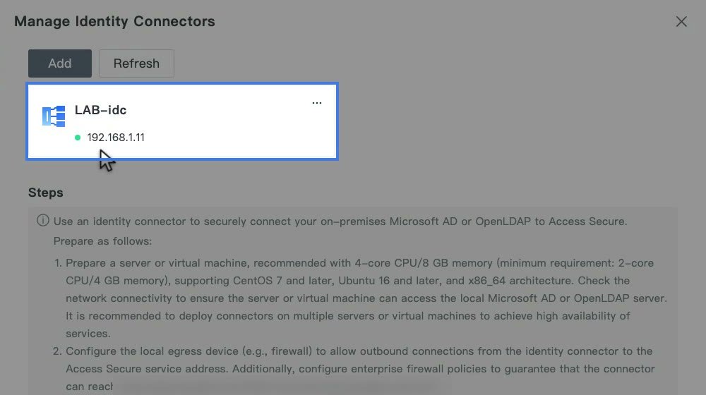 การ์ด Identity Connector แสดง IP ของเครื่องพร้อมจุดสถานะสีเขียวหลังกด Refresh