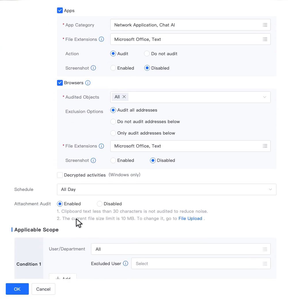 Audit Policy ที่ติ๊ก Apps กลุ่ม Network Application และ Chat AI กับ Browsers แบบ Audit all addresses