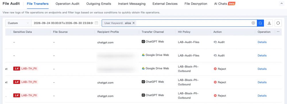 แท็บ File Transfers แสดงรายการ Reject พร้อม Hit Policy และรายการ Audit